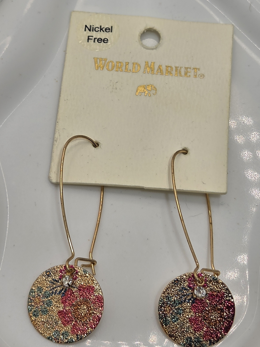 ✨ NWT World Market Floral Textured Disc Drop Earrings 🌸 Gold Rhinestone Dangles
